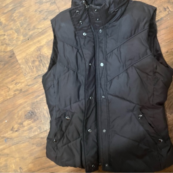 Esprit Y2K brown puffer vest pockets high neck, hidden hood, button/zip close, M - Picture 4 of 16